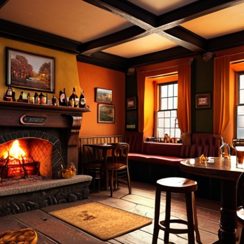 **Prompt:** A vibrant Irish pub in autumn, warm lighting, a crackling fireplace, people enjoying Guinness, traditional Irish music playing, cozy atmosphere, fall foliage visible through the window.